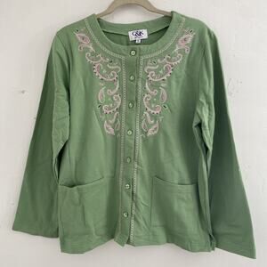 C&K Top Womens M Knit Cardigan Green Embroidered Floral Grannycore Shacket